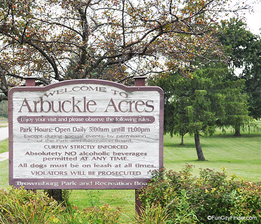 Arbuckle Acres sign at park entrance in Brownsburg, Indiana