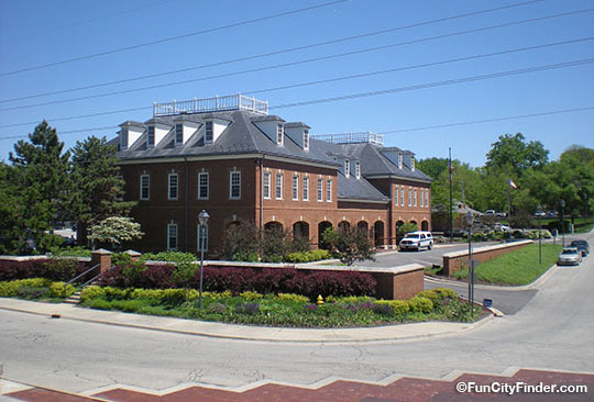 Photo of the Carmel Police Department building from the Carmel City Hall fountain