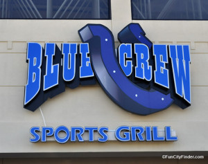 Exterior of Blue Crew Sports Grill in Fishers, Indiana