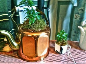 Teapot and tea cup filled with plants at Thanks for the Thyme