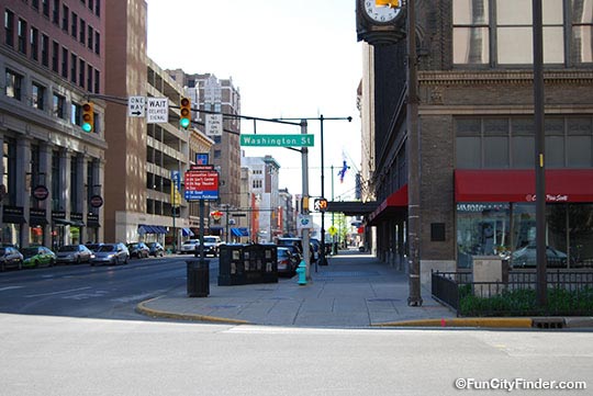 Photograph of Washington Street and popular Indianapolis businesses in downtown Indianapolis