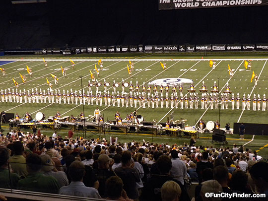 Picture of a band playing at the Drum Core Championships in downtown Indianapolis, Indiana