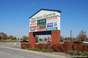 Sign for the Harrison Centre, a shopping center in Lawrence, Indiana