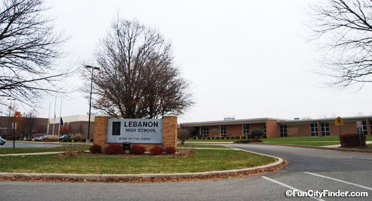 Photo of the Lebanon High School and stone sign in Lebanon, Indiana