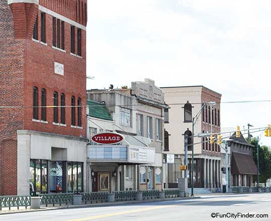 Downtown street containing the Village Theater in Plainfield, Indiana