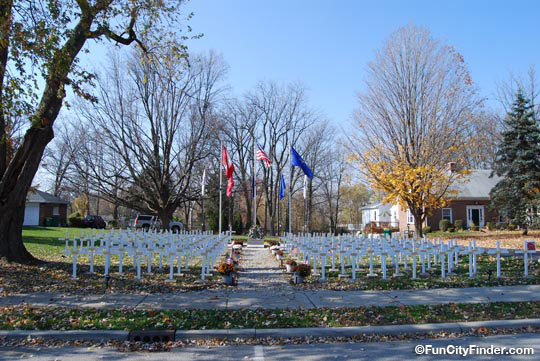 Another photo of a war memorial with white crosses in downtown Westfield, Indiana