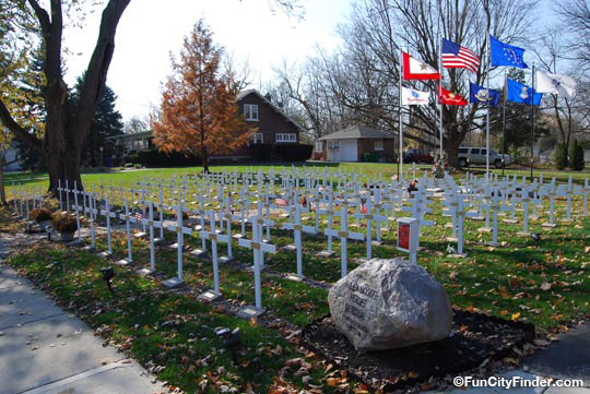 Another photograph of the flags and white crosses in the war memorial in Westfield, Indiana